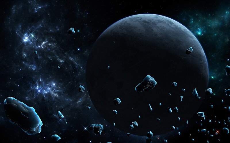 Asteroid Field Around Planet — Black, Dramatic