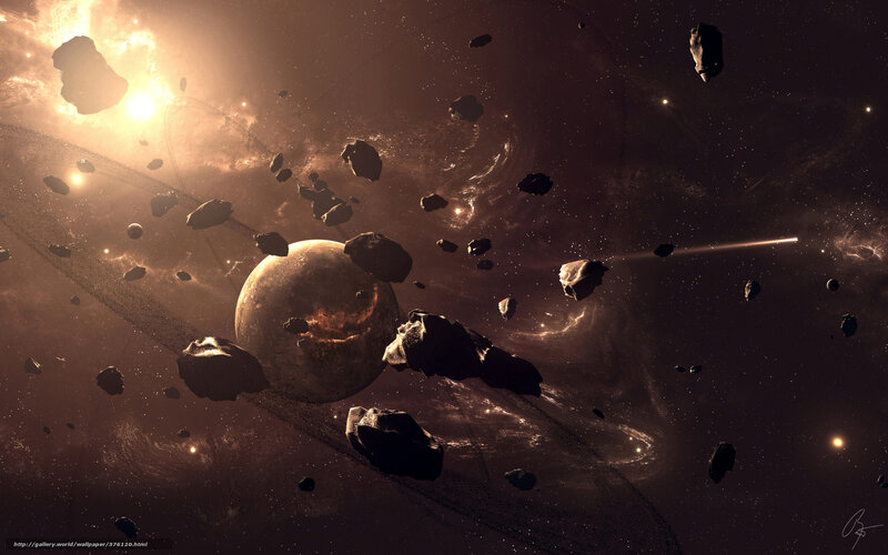 Asteroid Field Around Planet — Brown, Dramatic, Digital Art