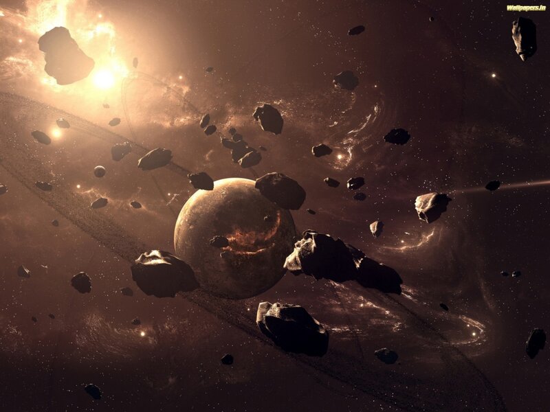 Asteroid Field Around Planet — Brown, Dramatic