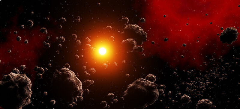 Asteroid Field Around Star — Red, Dramatic