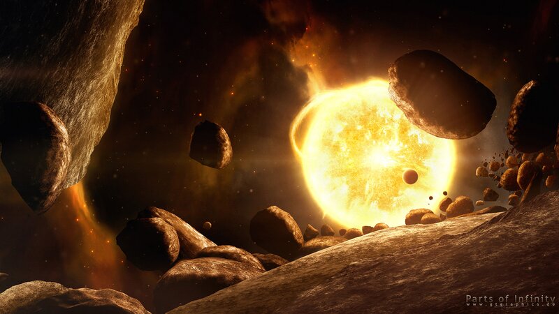 Asteroid Field Around Star — Yellow, Dramatic