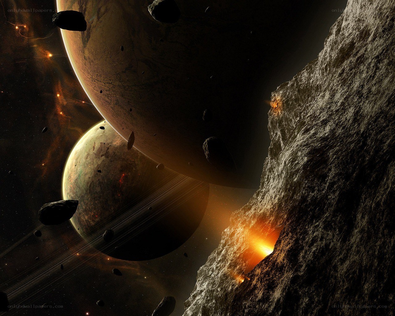 Asteroid field in space