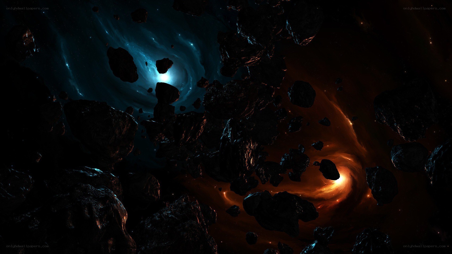 Asteroid field in space