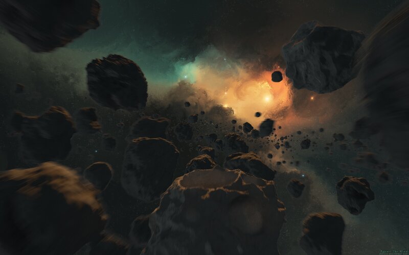 Asteroid Field in Space — Black, Dramatic, Digital Art, Nebula