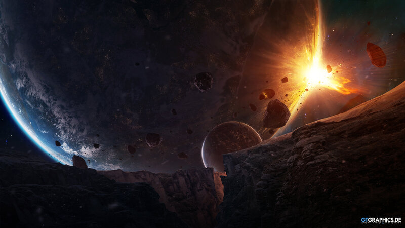 Asteroid Field in Space — Black, Dramatic, Digital Art, Planet, Moon