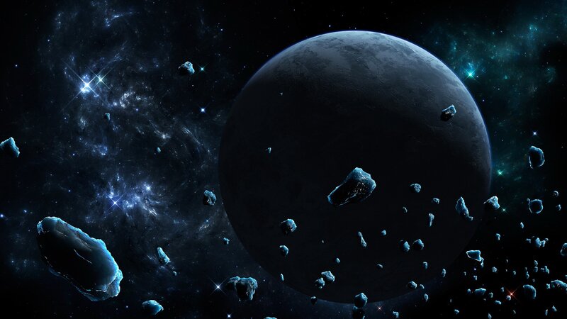 Asteroid Field in Space — Black, Dramatic, Digital Art, Planet