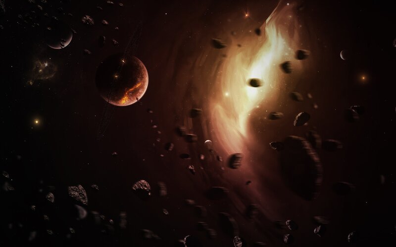 Asteroid Field in Space — Black, Dramatic, Digital Art, Planets, Stars, Nebula, Brown
