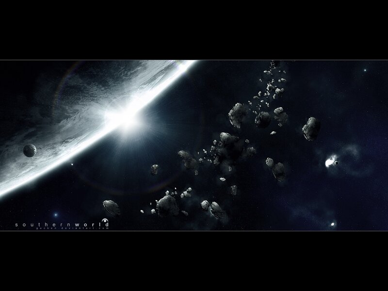 Asteroid Field in Space — Black, Dramatic, Night, Digital Art, Planet, Sun, Stars