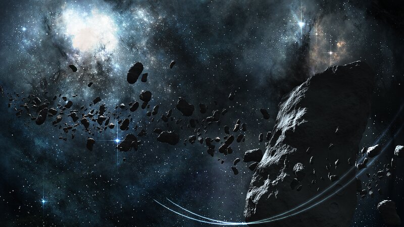 Asteroid Field in Space — Black, Dramatic, Night, Digital Art, Stars, Nebula