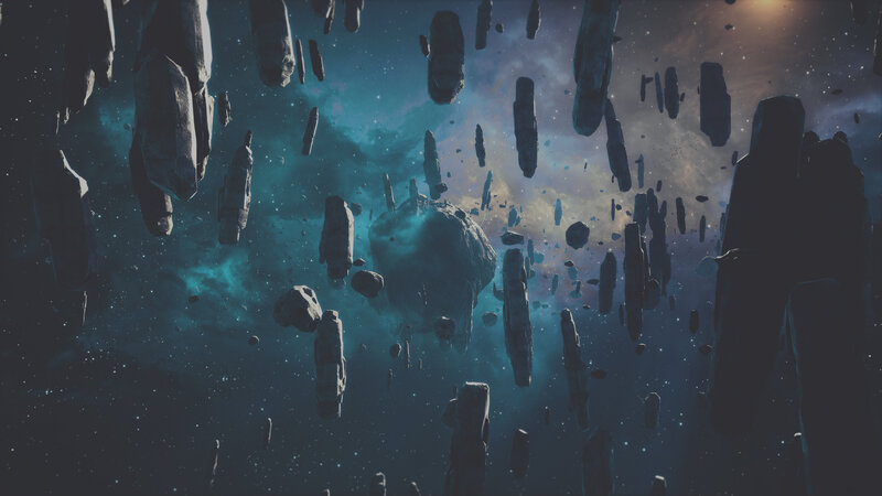 Asteroid Field in Space — Blue, Dark, Night