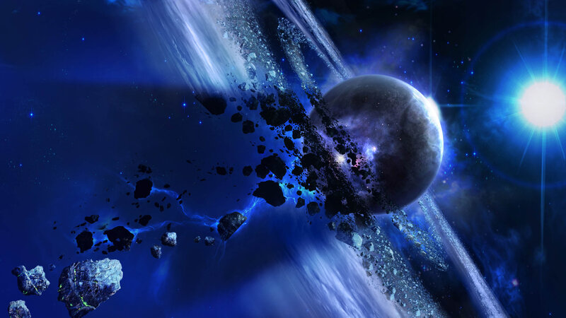 Asteroid Field in Space — Blue, Dramatic, Digital Art, Planet, Star