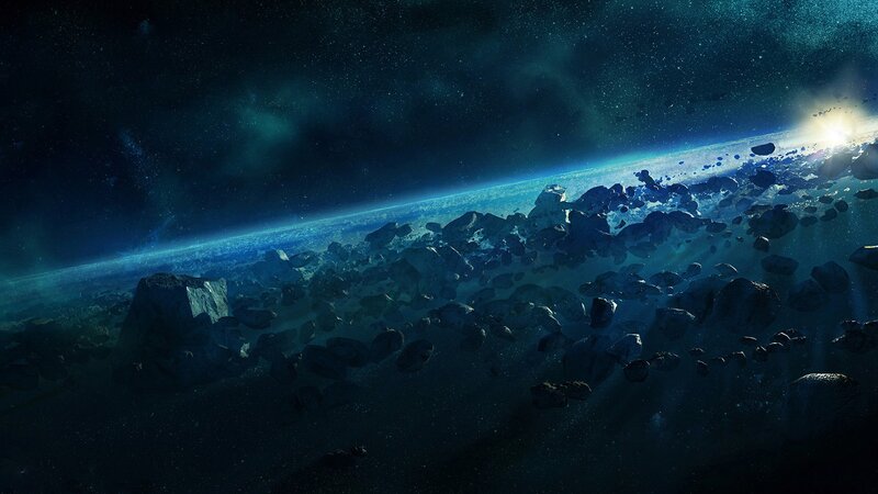 Asteroid Field in Space — Blue, Dramatic, Digital Art, Planet, Stars