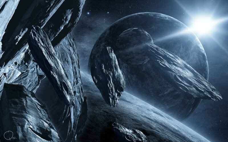 Asteroid Field in Space — Blue, Dramatic, Night, Digital Art, Planet, Moon, Star