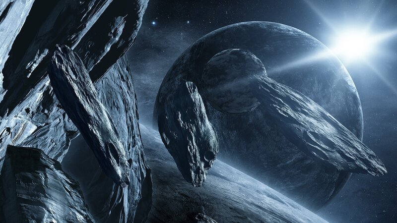 Asteroid Field in Space — Blue, Dramatic, Night, Digital Art, Planet, Moon