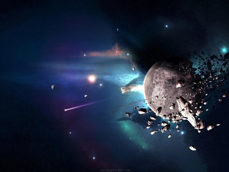 Asteroid Field in Space — Blue, Dramatic, Night, Digital Art, Planet, Stars, Comet, Black