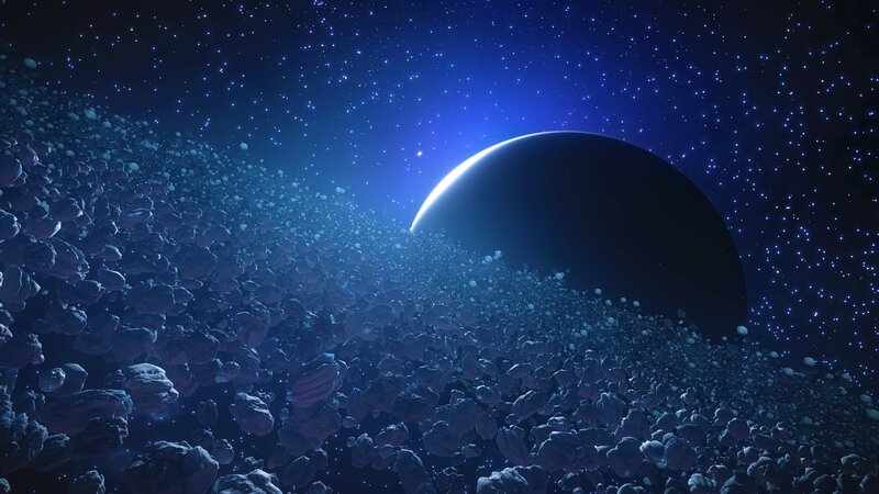 Asteroid Field in Space — Blue, Dramatic, Night, Digital Art, Planet, Stars