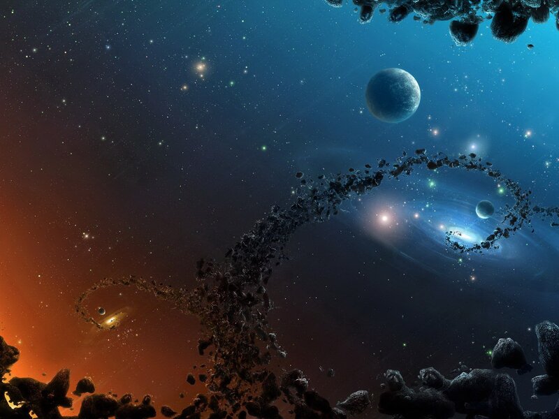 Asteroid Field in Space — Blue, Dramatic, Night, Digital Art, Planets, Stars, Galaxy, Orange