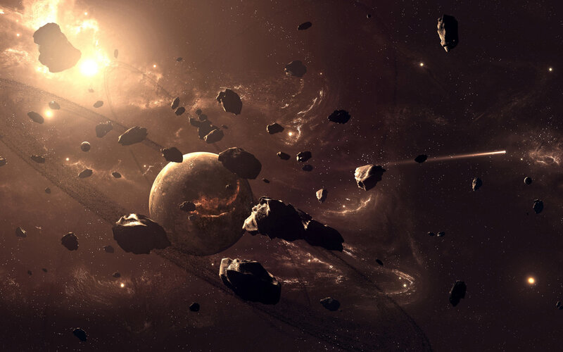 Asteroid Field in Space — Brown, Dramatic, Digital Art