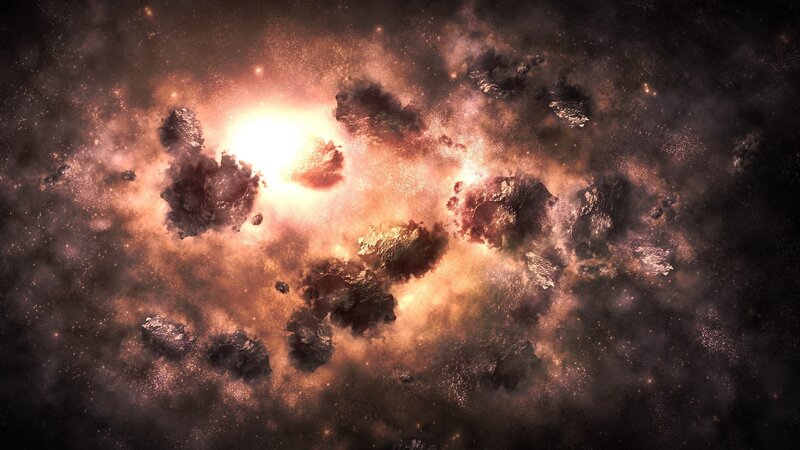 Asteroid Field in Space — Orange, Dramatic, Digital Art, Asteroids, Nebula