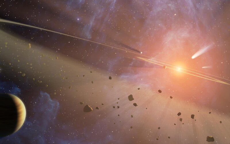 Asteroid Field in Space — Orange, Dramatic, Digital Art, Planet, Comet