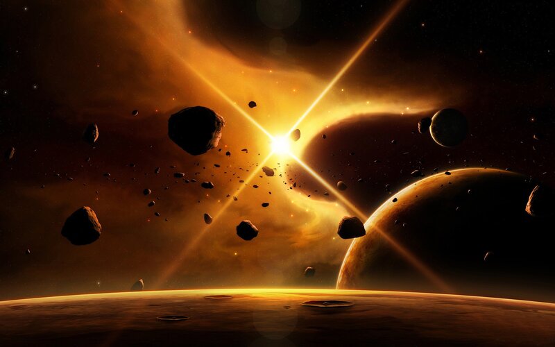 Asteroid Field in Space — Orange, Dramatic, Digital Art, Planets, Stars, Space Debris