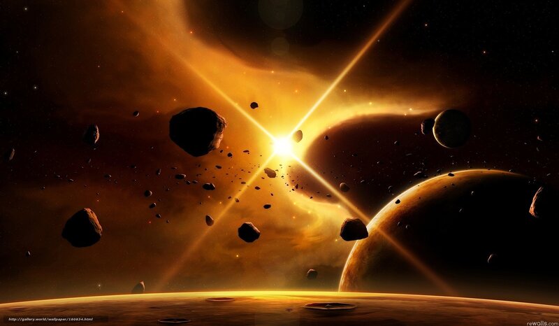 Asteroid Field in Space — Orange, Dramatic, Digital Art, Planets