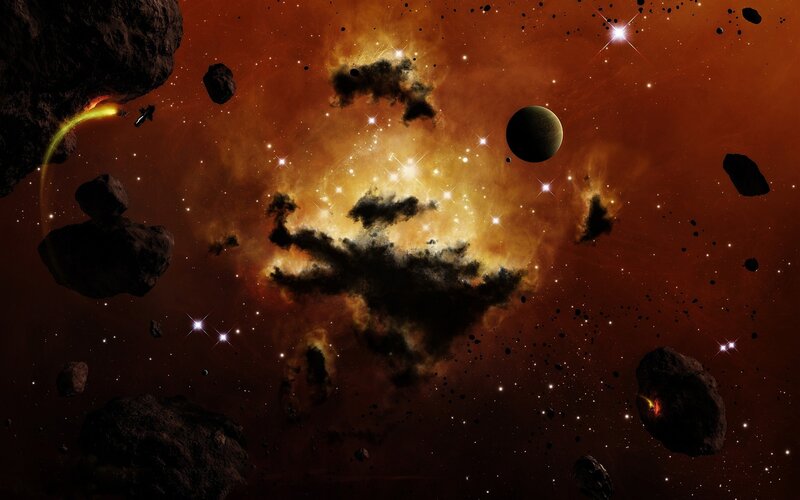 Asteroid Field in Space — Orange, Dramatic, Digital Art, Stars, Planet