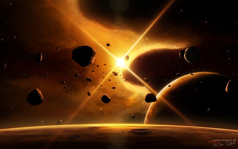 Asteroid Field in Space — Orange, Dramatic, Digital Art