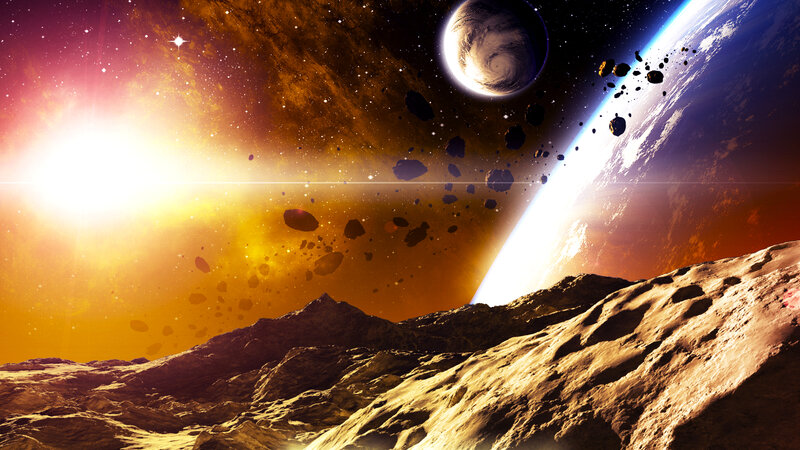 Asteroid Field in Space — Orange, Dramatic