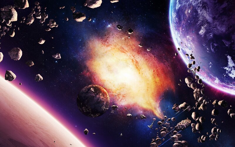 Asteroid Field in Space — Purple, Dramatic, Digital Art, Planets