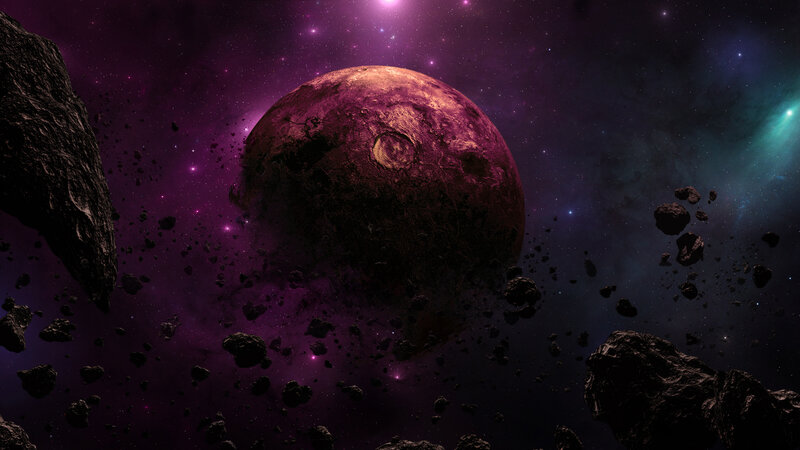 Asteroid Field in Space — Purple, Dramatic, Night
