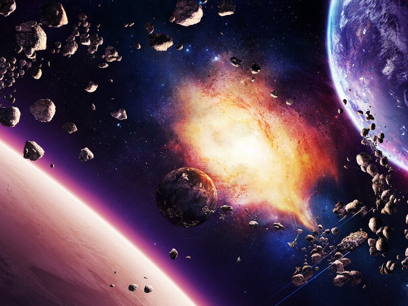 Asteroid Field in Space — Purple, Dramatic