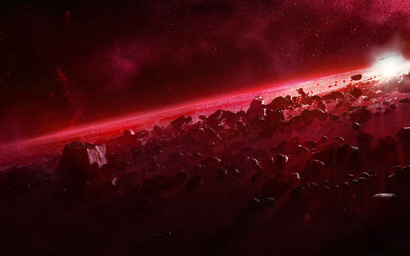 Asteroid Field in Space — Red