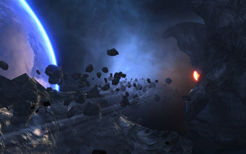 Asteroid field near a blue planet