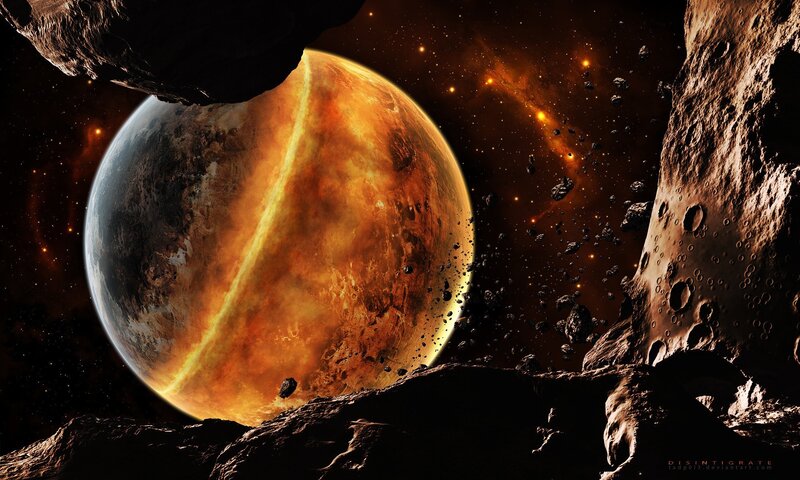 Asteroid field near a fiery planet