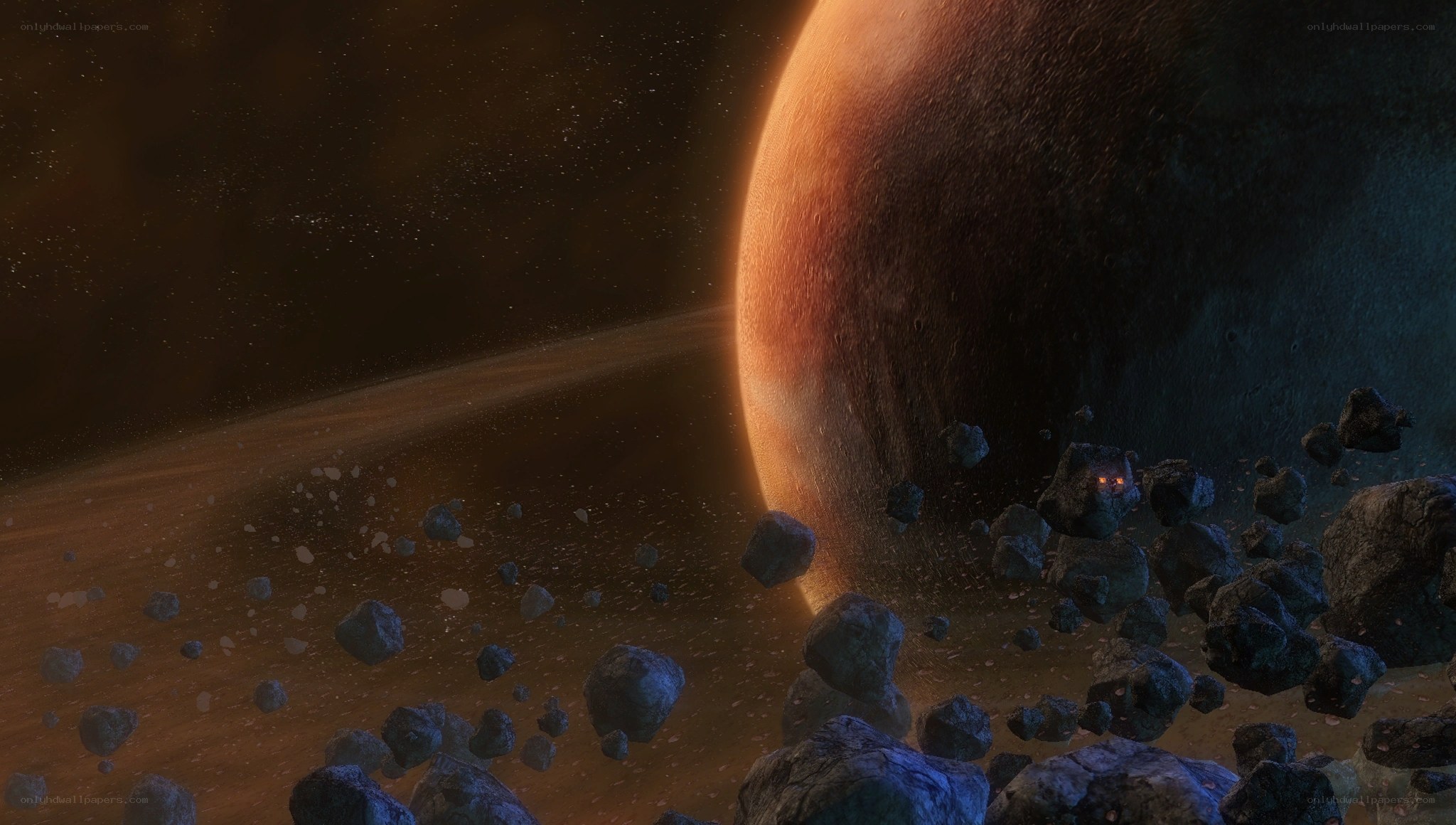 Asteroid field near a planet