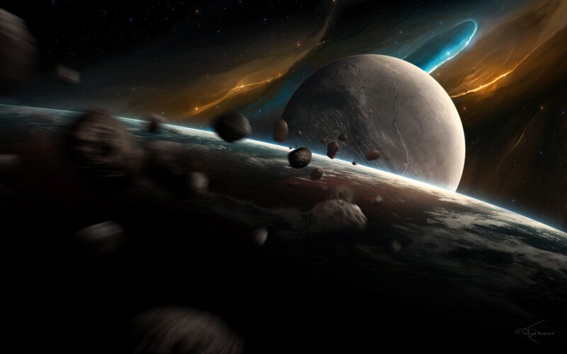 Asteroid field near a planet