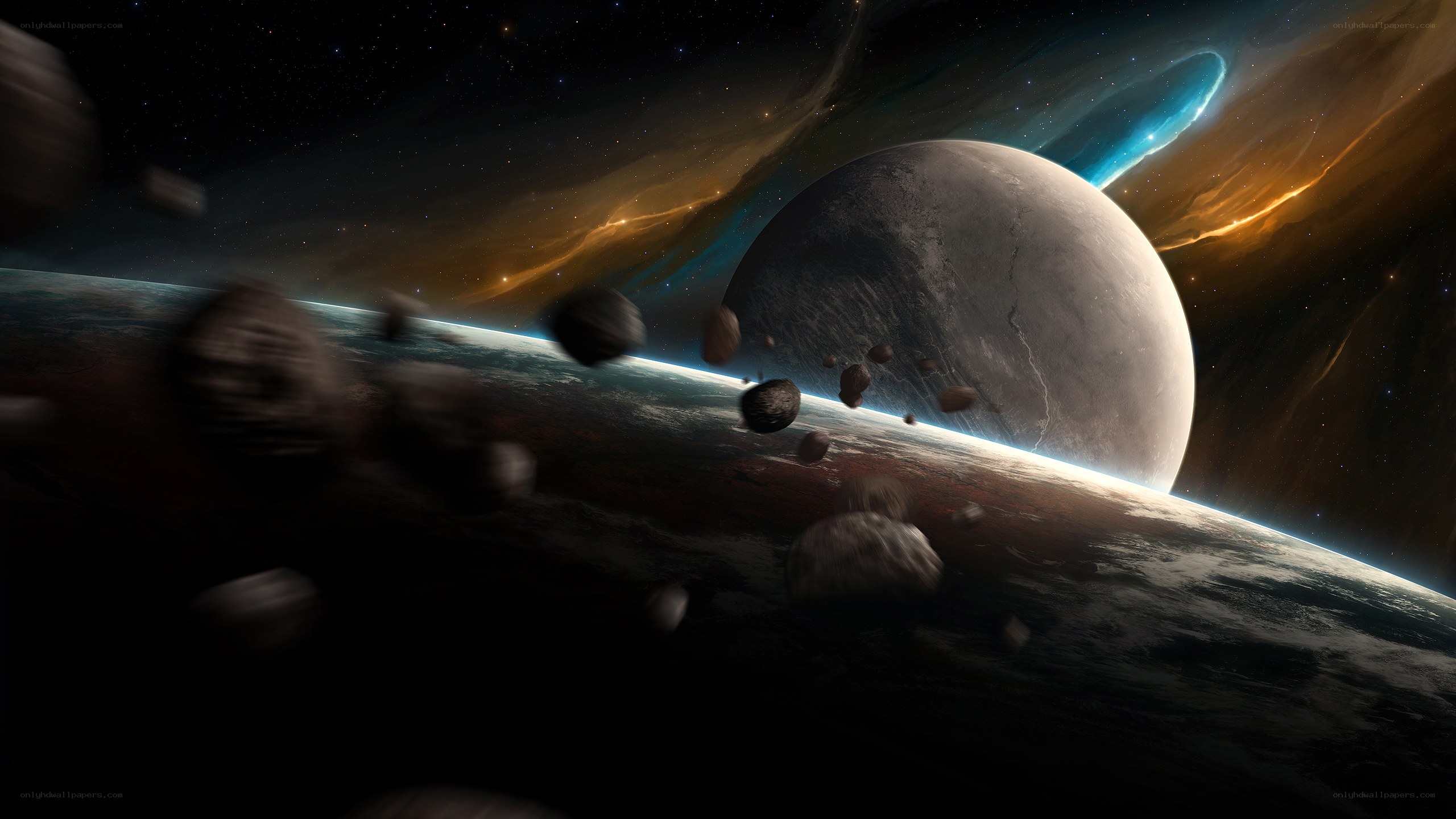 Asteroid field near a planet