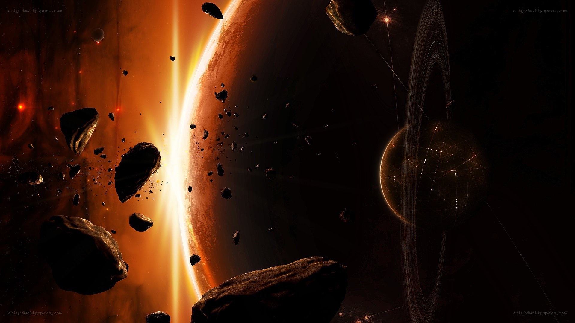 Asteroid field near a planet