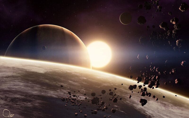 Asteroid field near a planet