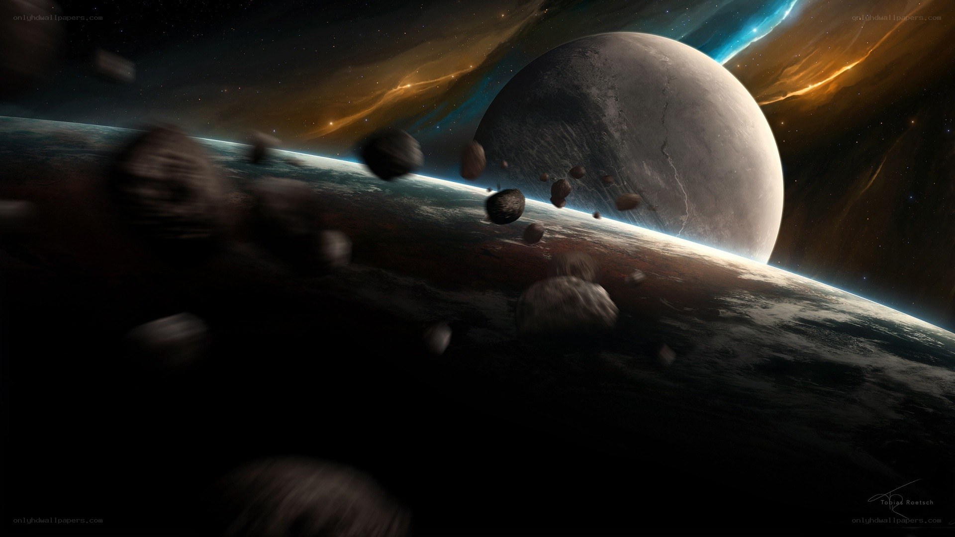 Asteroid field near a planet