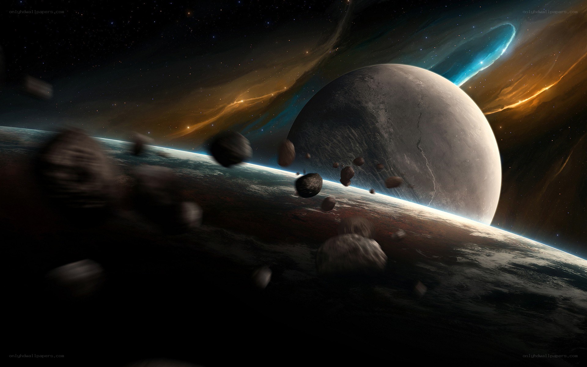 Asteroid field near a planet