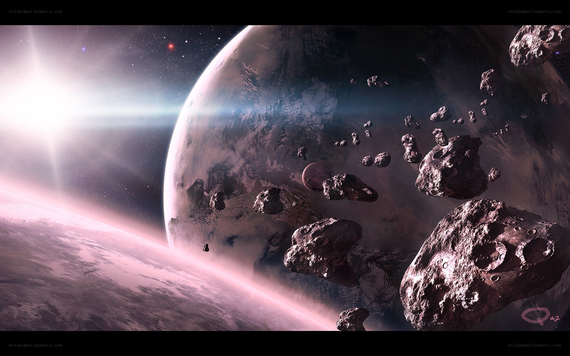 Asteroid field near a planet