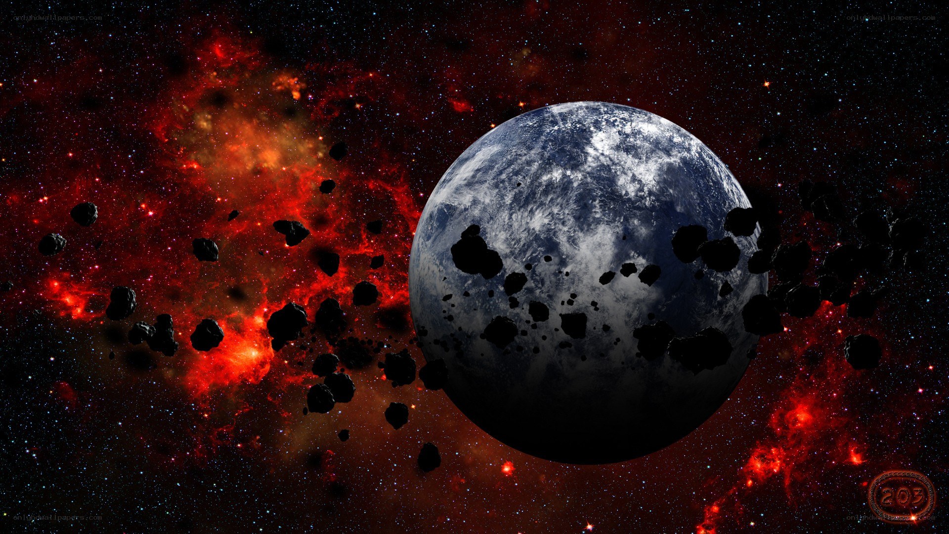 Asteroid field near a planet