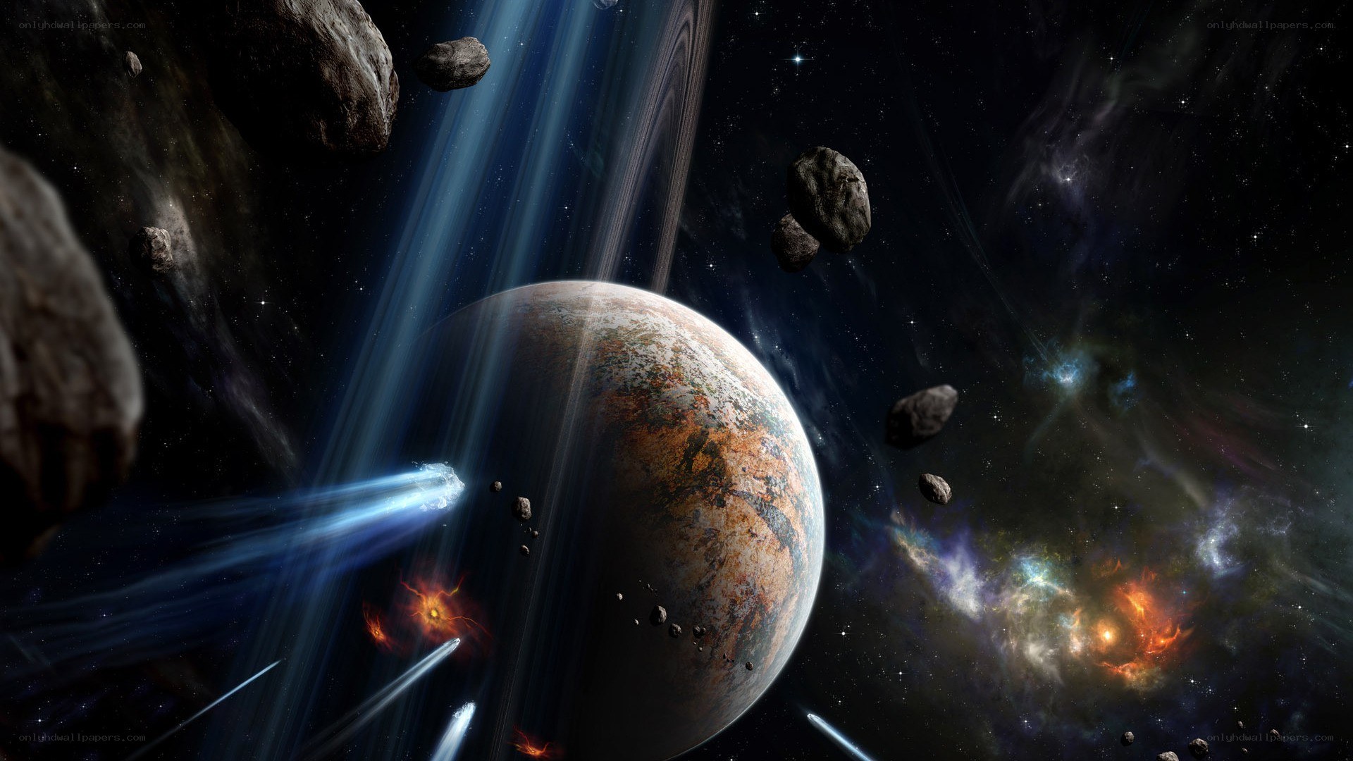 Asteroid field near a planet