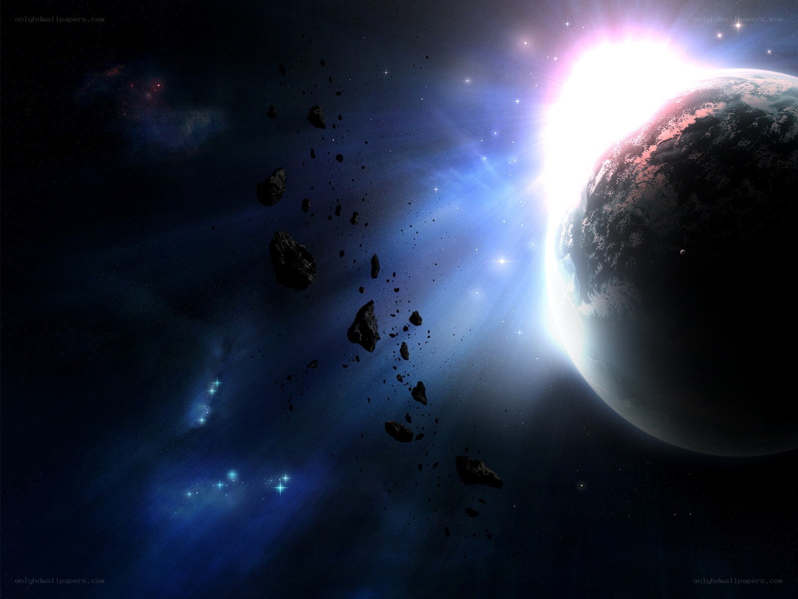 Asteroid field near a planet