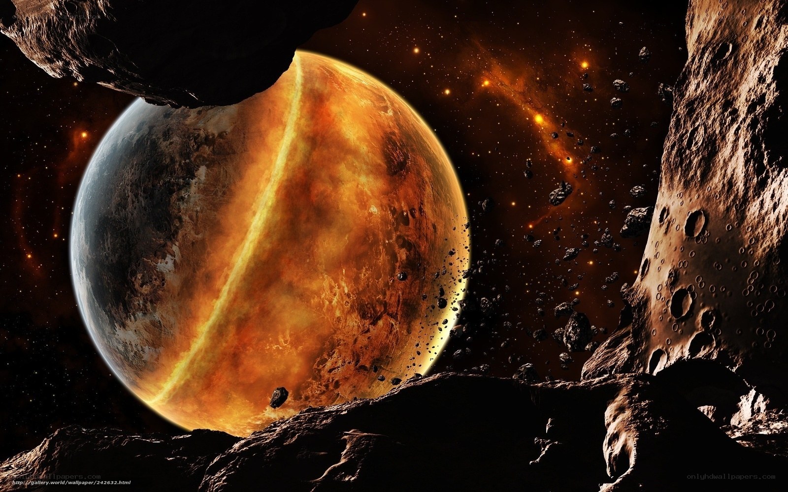 Asteroid field near a planet