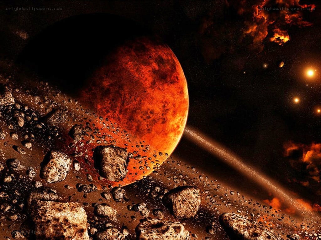 Asteroid field near a red planet