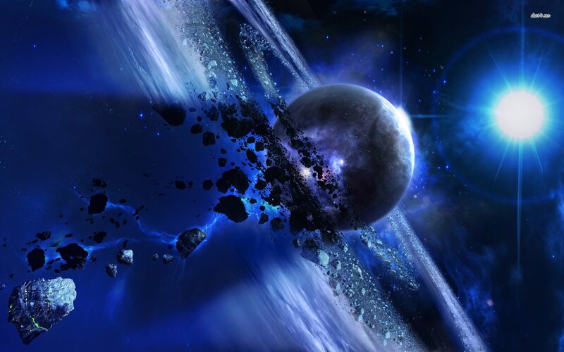 Asteroid Field Near Planet — Blue, Dramatic, Night