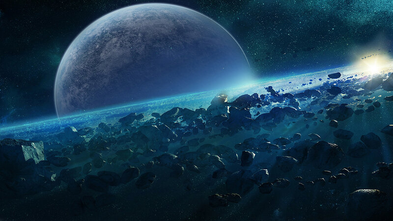 Asteroid Field Near Planet — Blue, Dramatic